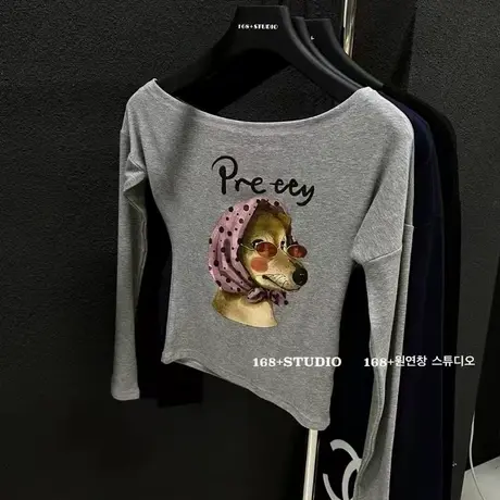 十三行卡通露肩上衣女秋季2025新款高腰韩版百搭显瘦针织棉T恤女商品大图