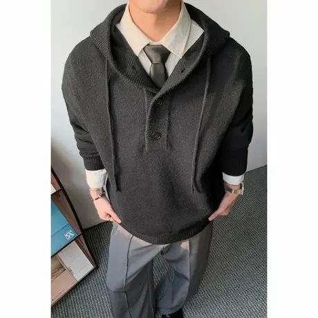 毛衣男春秋季新款灰色连帽半开衫套头上衣潮牌美式休闲针织衫外套图片