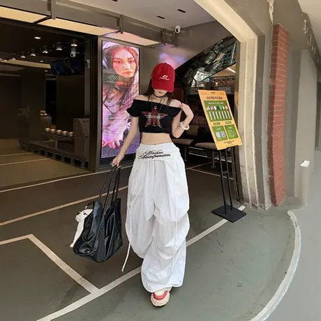 美式高街辣妹腰封叠穿设计感伞兵阔腿裤女宽松直筒褶皱休闲长裤图片