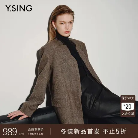 衣香丽影咖色无领毛呢西装外套女2025冬装新款高级感立领羊毛大衣商品大图