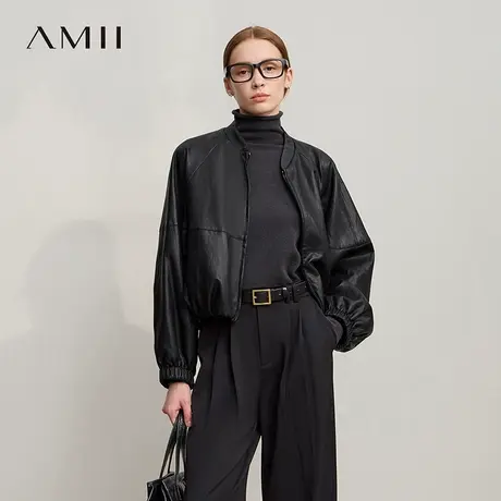 Amii2025冬新款超宽松短款无弹皱肌理环保皮质插肩袖插袋拉链皮衣商品大图