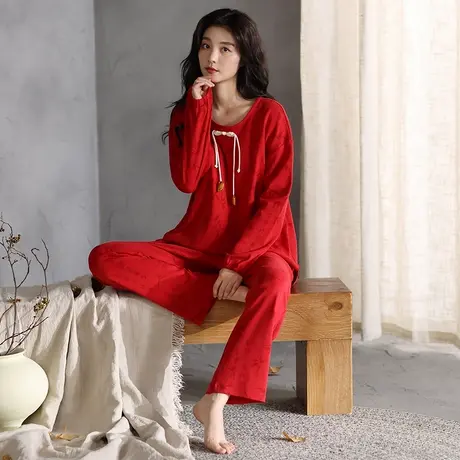 Oleno/奥丽侬红色本命年100%纯棉亲肤柔软舒适家居服长袖睡衣套装商品大图