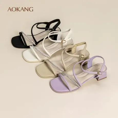 奥康 女鞋2025夏季凉鞋时尚一字带配裙约会通勤OL粗跟凉拖图片