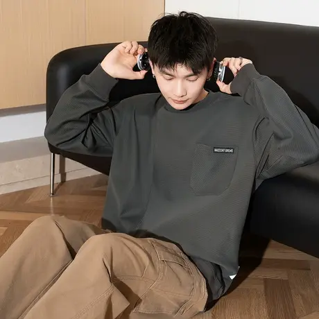 唐狮春新款男卫衣圆领宽松灰色上衣商务休闲百搭青少年潮流TD图片