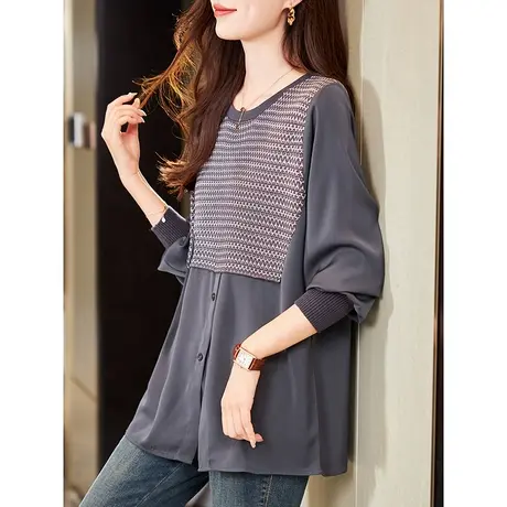 宝诗黎假两件针织拼接衬衫女早秋长袖套头衬衣2023新款设计感上衣商品大图