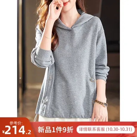 宝诗黎灰色连帽卫衣女春秋款2023年新款时尚宽松棉质套头抽绳上衣商品大图