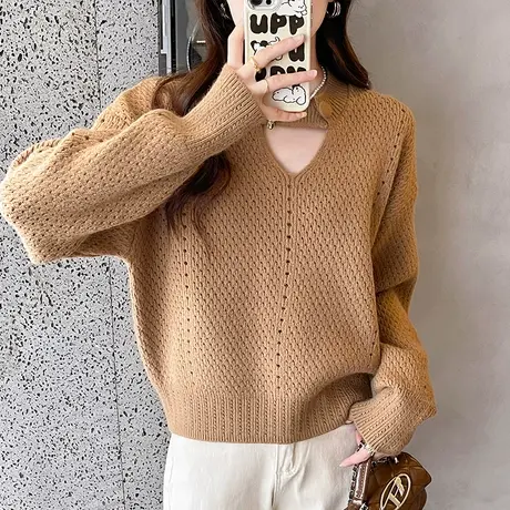 慵懒风小众挂脖毛衣女宽松外穿短款上衣秋装洋气内搭针织打底衫女商品大图