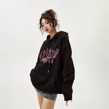 黑色字母印花连帽卫衣女设计感小众原创上衣潮牌美式复古外套加绒商品大图