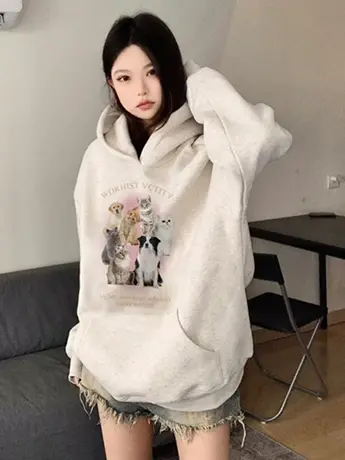 白灰色连帽卫衣女秋冬2023新款爆款加绒加厚山东青岛即墨国风外套商品大图