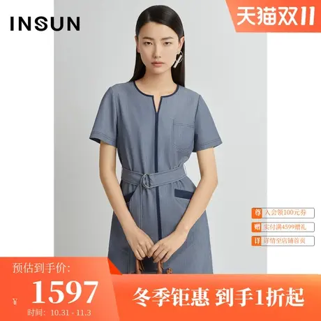 恩裳夏季时尚简约撞色口袋设计仿牛仔H型连衣裙图片