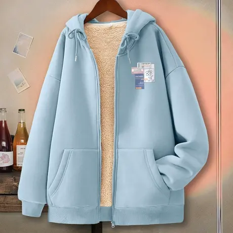 ZR真维斯卫衣外套女加绒加厚2023新款秋冬小众羊羔绒连帽开衫上衣商品大图