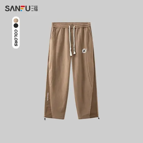 三福2023冬男士时尚绣花抽绳休闲裤 学院宽松直筒长裤男478764图片