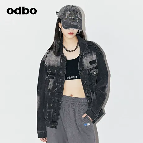 odbo 潮牌复古深灰色水洗牛仔外套2022新款女设计感小众宽松潮流商品大图
