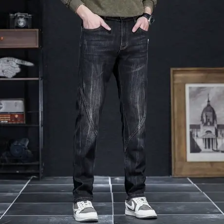 春季牛仔裤男拉链弹力修身小直筒潮裤后袋拼色接显高显瘦长裤子男商品大图