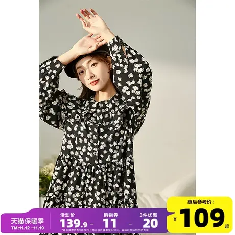 唐狮碎花连衣裙女长袖黑色裙子夏季春装女款2023年新款法式裙装N图片