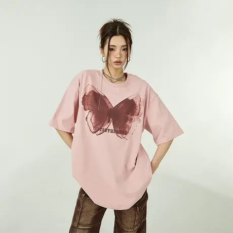 yep蝴蝶纯棉美式复古脏粉色短袖t恤女夏季新款情侣装半袖上衣潮牌图片