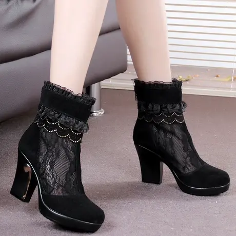 真皮女春秋靴单靴单鞋单靴高跟鞋子短靴蕾丝女靴网靴女鞋春秋鞋商品大图