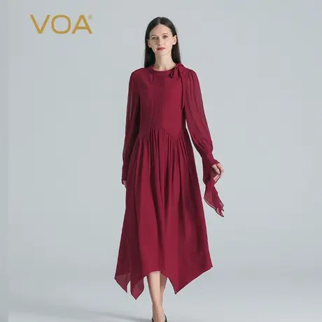 VOA春季真丝枣红色顺纡纯桑蚕丝系带立领喇叭袖尖角摆圆领连衣裙图片