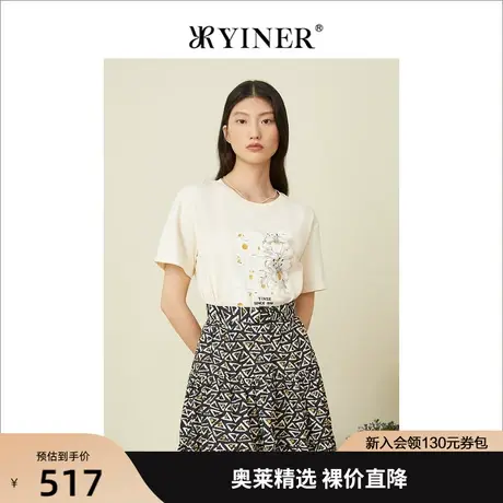 YINER音儿专柜女装2022夏季新款宽松设计感印花短袖棉t恤潮商品大图