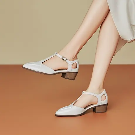 夏季新款真皮法式尖头凉鞋女舒适柔软头层牛皮粗中跟丁字扣带女鞋商品大图