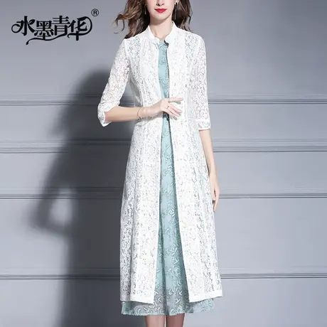 春季新款时尚百搭七分袖中长款蕾丝开衫外套女商品大图