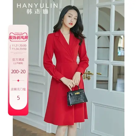 韩语琳2022春装新款优雅翻领利落收腰红色连衣裙女气质年会战袍图片