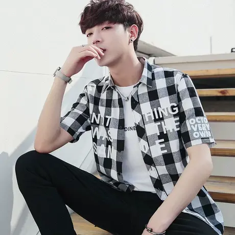 夏季男士短袖衬衫青少年韩版潮流寸衫修身休闲学生半袖男装衬衣商品大图