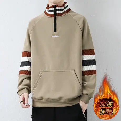 撞色条纹拼接卫衣男秋冬款半拉链立领长袖t恤男潮牌保暖秋衣外套商品大图