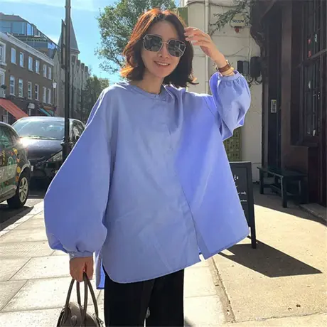 夏秋新款长袖简约衬衫女韩版中长款宽松大码休闲灯笼袖学院风衬衣图片