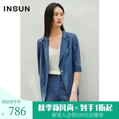 恩裳2023夏款新款冰丝特种醋酸条纹挺括七分袖西装外套女图片