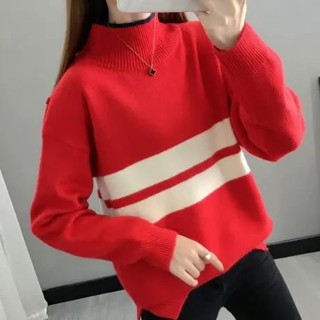 半高领2025春季新款红色针织撞色条纹毛衣女宽松内搭套头慵懒风厚商品大图
