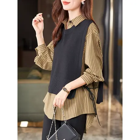 宝诗黎系带针织马甲竖条纹衬衫两件套女2023新款纯棉时尚宽松秋装商品大图