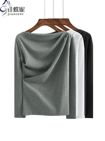 春秋新韩版一字领修身显瘦纯白纯色褶皱长袖女体恤上衣内搭打底衫商品大图