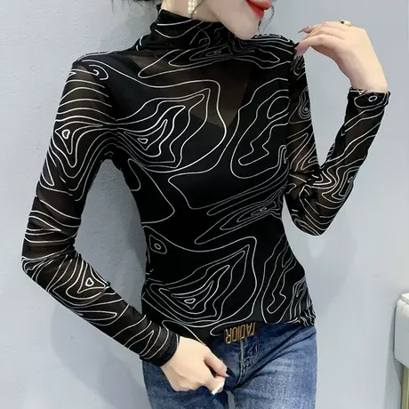 加绒加厚半高领打底衫女秋冬洋气网纱T恤长袖印花修身显瘦上衣潮商品大图