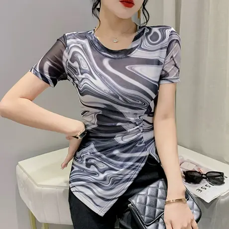 时尚扎染印花T恤女短袖性感网纱小衫不规则开叉上衣设计感小众ins商品大图