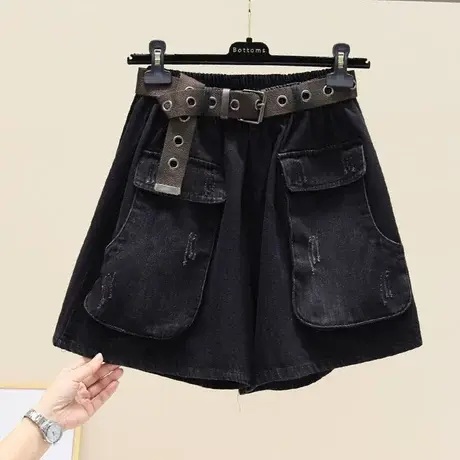 新款欧货2023新款大码黑色牛仔阔腿短裤女做旧个性时尚百搭热裤女图片