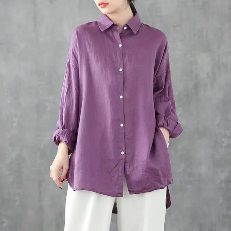 DZA文艺 棉麻白衬衫女式宽松纯色亚麻上衣秋季新款中长款长袖衬衣图片