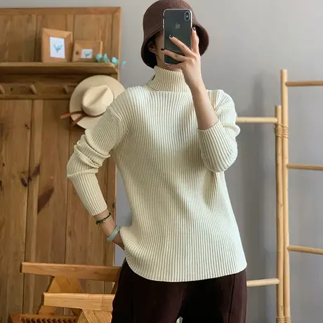 dza 复古纯色弹力粗绒针织衫女秋冬漂亮内搭上衣宽松高领打底毛衣图片