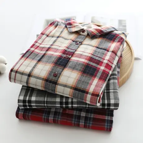 双层棉纱格子衬衫女宽松2023秋冬新款文艺百搭纯棉柔软女士衬衣商品大图