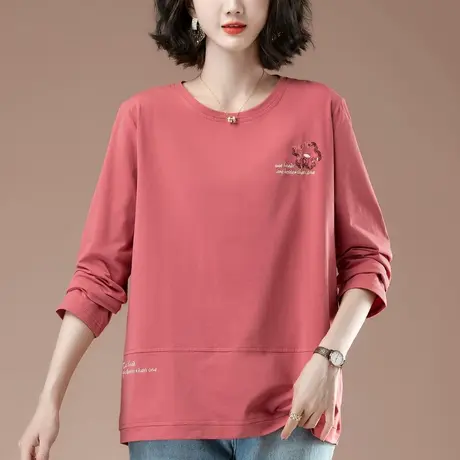 妈妈春秋季长袖t恤女加肥加大码女装宽松纯棉休闲百搭显瘦打底衫商品大图