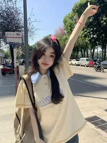 美式复古纯棉正肩polo衫短袖t恤女夏季宽松半袖设计感小众上衣服商品大图