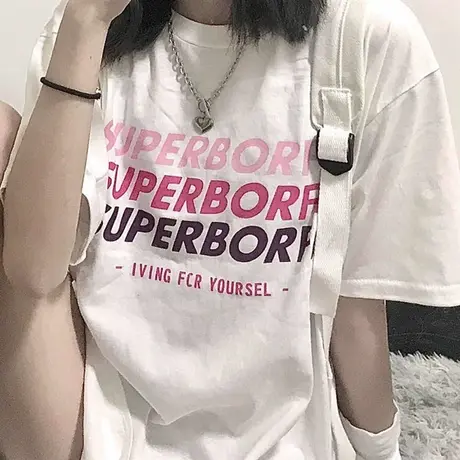 白色短袖t恤女夏季韩版ins潮字母印花宽松bf设计感小众半截袖上衣商品大图