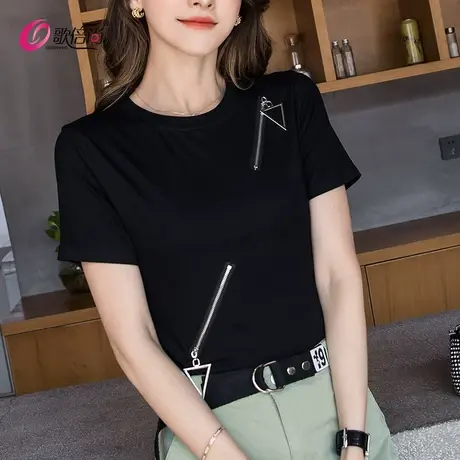 欧洲站莫代尔圆领别致t恤女短袖夏季ins潮拉链体恤时尚洋气上衣薄图片