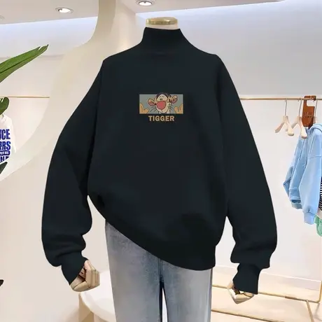 卫衣女加绒加厚2021秋冬季新款潮牌跳跳虎半高领宽松无帽上衣外穿图片