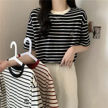 ins超火条纹短袖t恤女夏装2025新款宽松百搭学生半袖上衣打底小衫商品大图