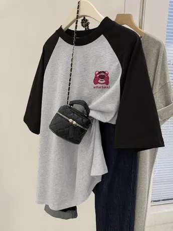 设计感插肩袖T恤女大码胖mm遮肚子短袖ins潮夏季美式复古纯棉上衣商品大图