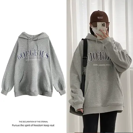 灰色复古韩范卫衣女2021炸街oversize超火上衣宽松bf慵懒风大码潮商品大图