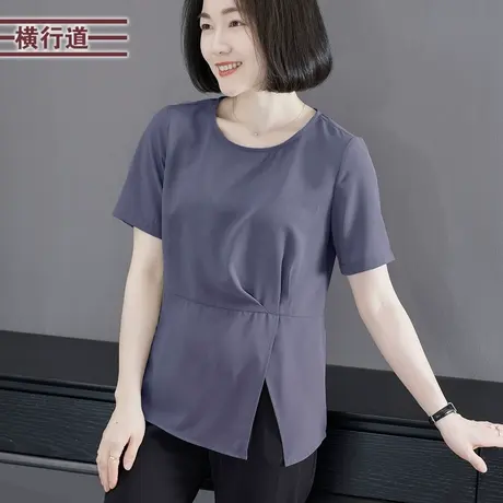 2025夏季新款纯色简约圆领收腰宽松短袖雪纺衫女装外穿上衣服显瘦商品大图