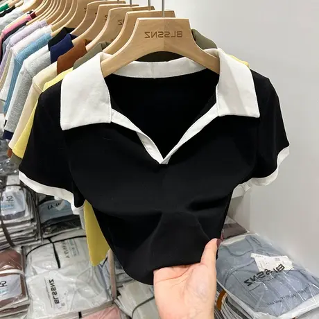 polo领拼接短款短袖t恤女2024新款夏季v领设计感小众修身辣妹上衣商品大图