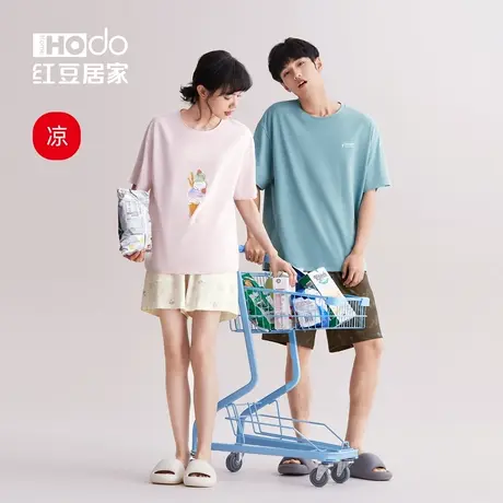 红豆凉感棉情侣睡衣夏季女短袖睡裙可外穿短裤男士家居服套装薄款商品大图